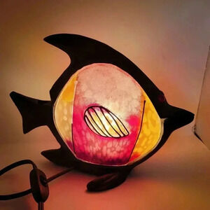 VTG  Shanghai Crafts Brass Metal Lamp - Fish - Glass elements - red, yellow 80's